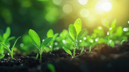 Young sprouts emerging from moist soil with morning sunlight and dewdrops. Symbolizing growth, sustainability, and new beginnings. Ideal for environmental and agricultural themes