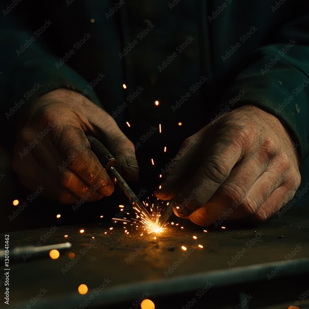 Poster close-up of hands welding with spark and glow in workshop setting