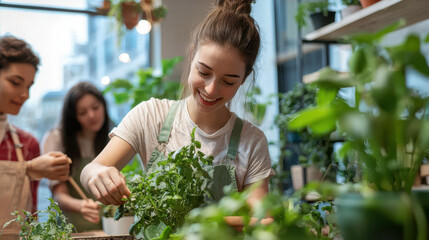 Obraz premium Sustainable living space featuring home garden, eco friendly plants, and joyful gardening activities