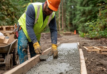 Worker Finishing Concrete Pour on Construction Site in Forest Area