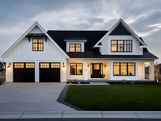 Photo Modern Farmhouse Exterior Home Dusk Architecture Design Residential Suburban Neighborhood