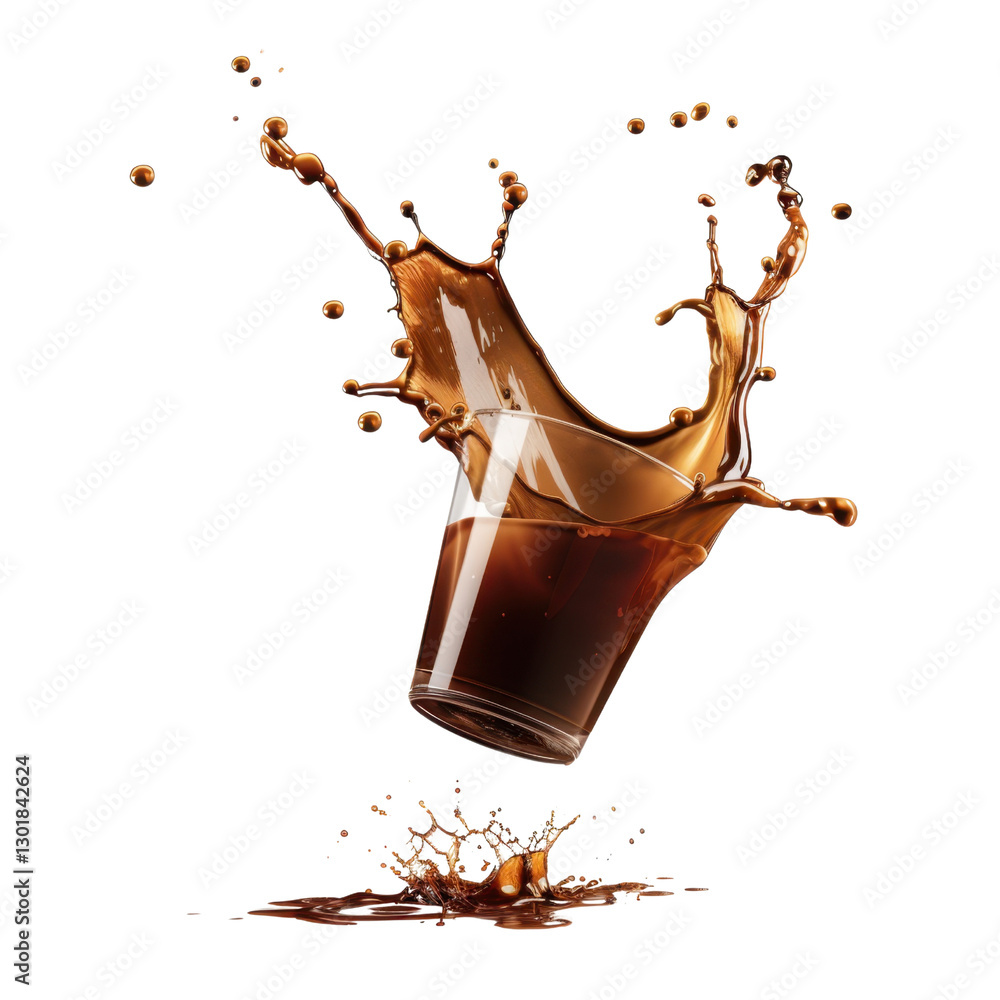 Poster glass filled with liquid splashes dramatically, creating dynamic scene of movement and energy. rich 