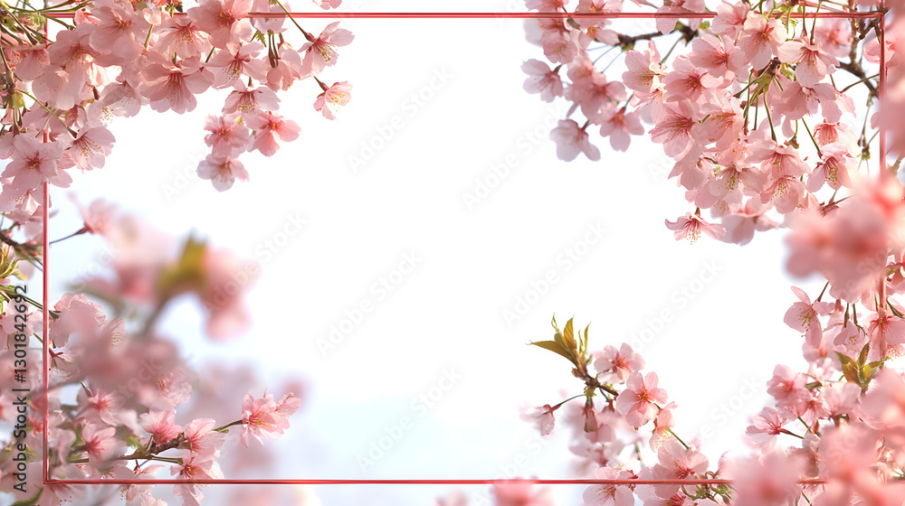 Poster rectangular frame bordered with sakura blossom reflection on a calm pond surface
