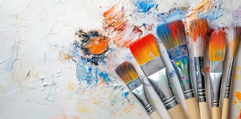Paintbrushes resting on vibrant palette showing artistic mess