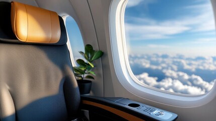 Fototapeta premium Minimalist Airplane Seat with Cloudy Sky View