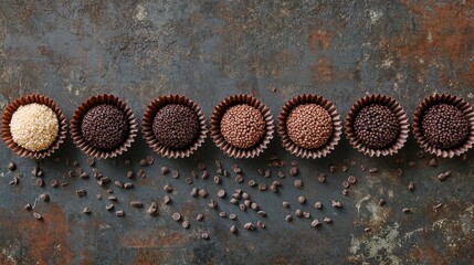Fototapeta premium A delightful arrangement of chocolate truffles in various shades showcasing a rich dessert spread.