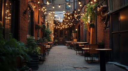 Fototapeta premium Cafe Outdoor Seating Area with String Lights in Urban Setting