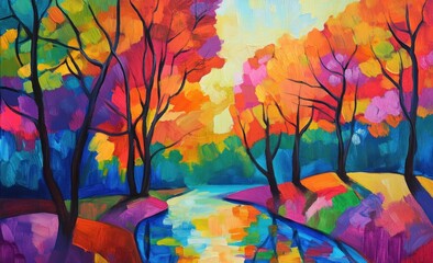 Vibrant autumn forest scene with colorful trees and a river reflecting sunlight.