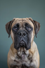 Obraz premium Mastiff dog on minimalistic colorful background with Copy Space. Perfect for banners, veterinary ads, pet food promotions, and minimalist designs.