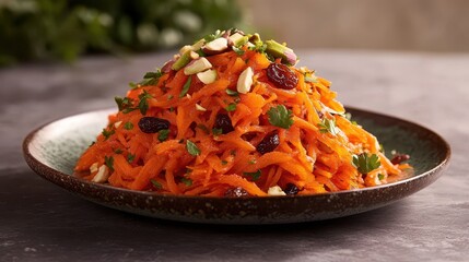 A vibrant, freshly prepared carrot salad topped with nuts and herbs, showcasing a lively mix of colors and textures.