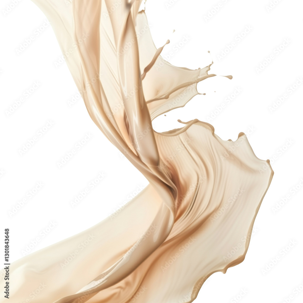 Poster dynamic splash of liquid foundation in soft beige tone, creating elegant flow against transparency b