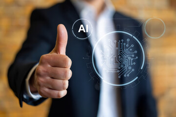 Businessman showing thumbs up with futuristic ai powered digital technology network overlay