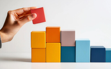 Obraz premium una mano mueve coloca un cubo de color sobre fondo blanco