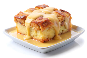 delicious bread pudding with vanilla custard sauce image on white