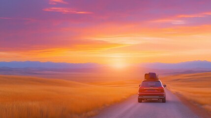 A car parked on an open road at sunset, with a dramatic sky and rolling hills. Ideal for travel, adventure, and freedom concepts