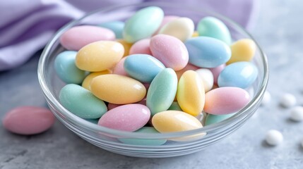 A clear glass bowl filled with colorful pastel candy, showcasing a variety of shaped sweets in soft pink, blue, and yellow hues.