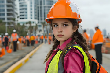 Obraz premium Photo Young Girl Construction Site Safety Vest Hard Hat Engineering Career