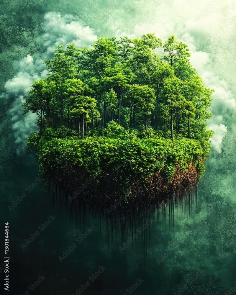 Poster lush floating island of trees surrounded by misty atmosphere in a surreal landscape