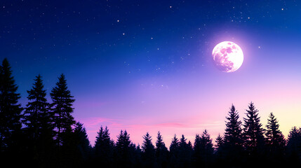 Celestial Night: Pink And Purple Sky With Full Moon Over Silhouetted Forest