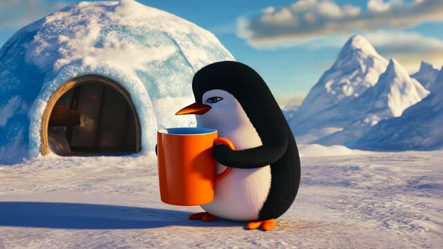 Penguin enjoys warm drink outside igloo in snowy landscape under bright blue sky