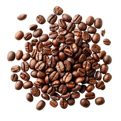 Obraz premium Freshly roasted coffee beans scattered on transparency background, showcasing their rich brown color and unique textures. Perfect for coffee lovers and culinary enthusiasts