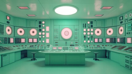 Retro Futuristic Control Room: A Vintage Sci-Fi Tech Interior