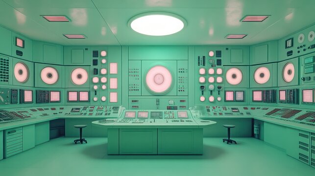 Retro Futuristic Control Room: A Vintage Sci-Fi Tech Interior