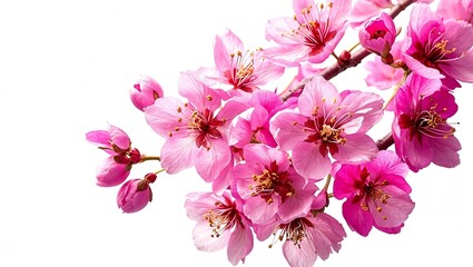 Bright pink cherry tree flowers on white isolated background close up