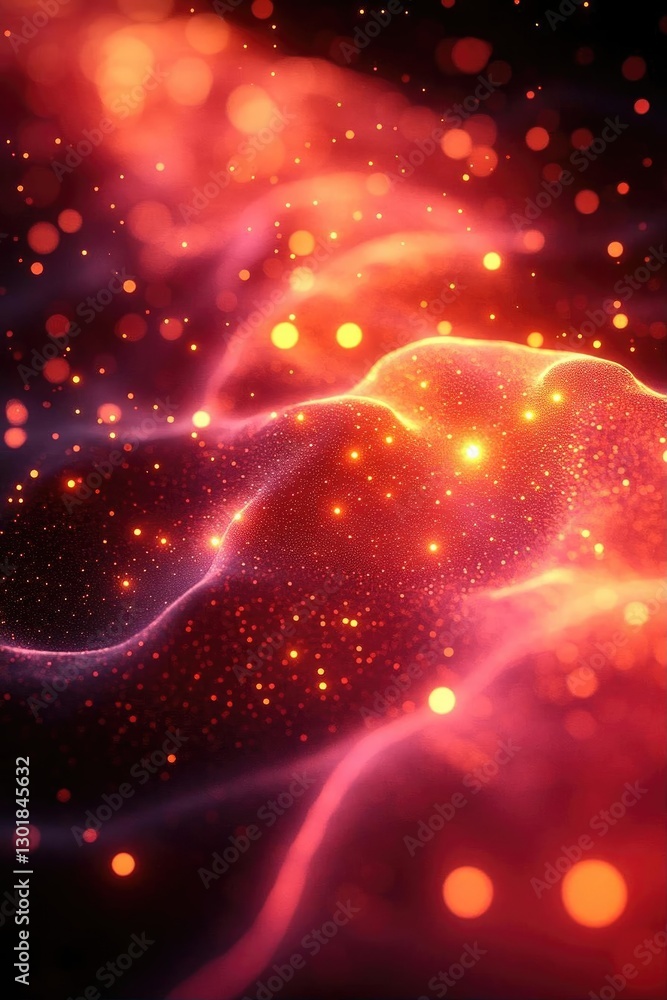 Poster abstract visualization of vibrant glowing particles flowing in a cosmic space environment