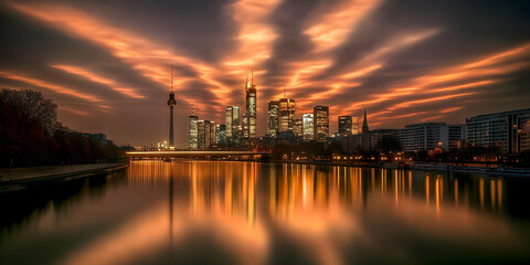Fototapeta premium Photo - Frankfurt Skyline at Sunset - Cityscape, River, Reflection, Buildings, Lights, Urban, Germany, Night, Tower, Dusk
