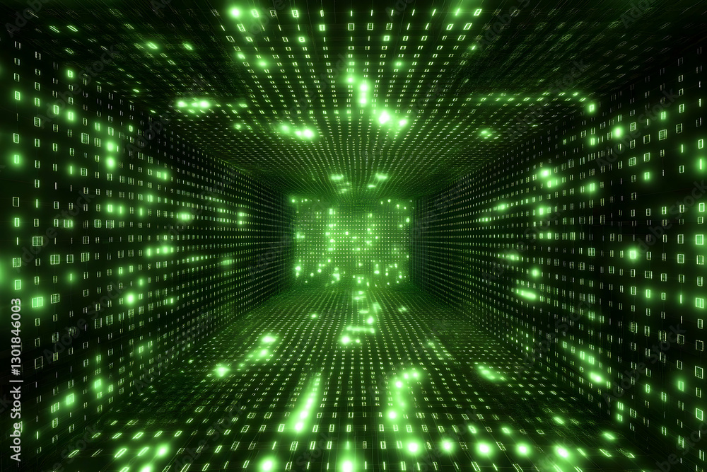 Poster 3d illustration green binary code data stream tunnel background