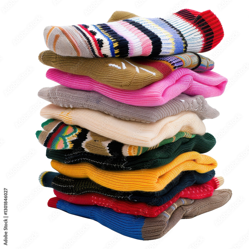 Poster Colorful stacked socks in various patterns and textures create vibrant display. assortment includes stripes, solids, and playful designs, perfect for adding warmth and style to any outfit