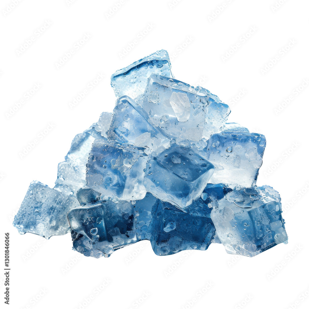 Poster ice cubes stacked together, glistening with water droplets, creating refreshing and cool visual. per