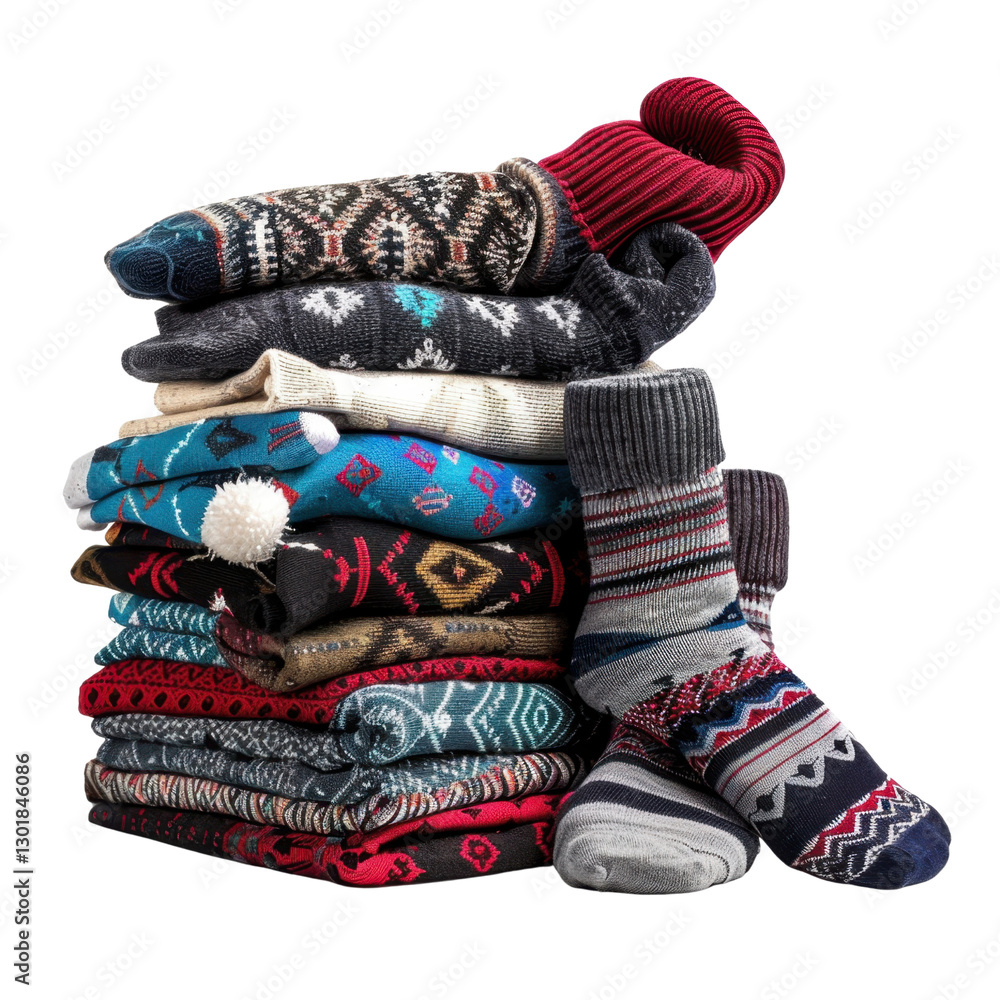 Poster cozy stack of colorful winter socks with various patterns and textures, perfect for keeping warm dur