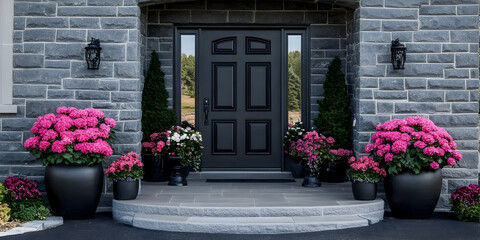 Naklejka premium Photo: Elegant Home Entrance with Pink Flowers and Black Door