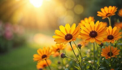 Bright yellow flowers blooming in sunlight during a golden hour in a vibrant garden