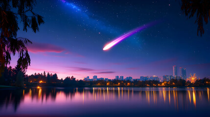 Naklejka premium Comet Soaring Over City Lake at Night