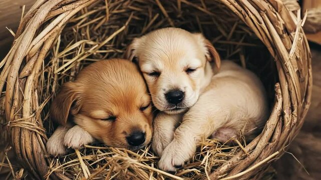 Two adorable puppies snuggling together in a cozy basket with straw