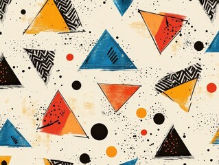 Abstract geometric pattern featuring colorful triangles and circles on a textured background
