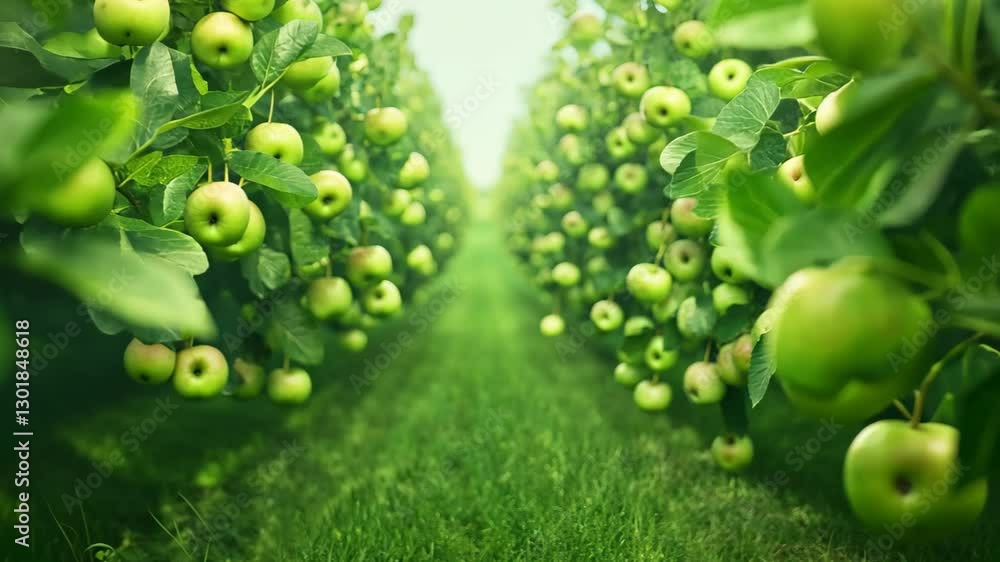 Poster lush green orchard with apple trees in a modulated canopy with fresh green apples and leaves under b