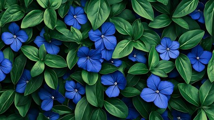 Lush Blue Flowers in Vibrant Green Foliage: A Digital Painting AI Generated