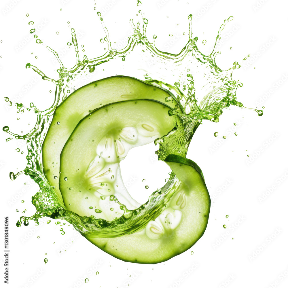 Poster fresh cucumber slices create splash of water, showcasing vibrant green colors and dynamic movement. 