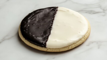 A delicious black and white cookie featuring a half chocolate and half vanilla icing on a soft, round cookie.