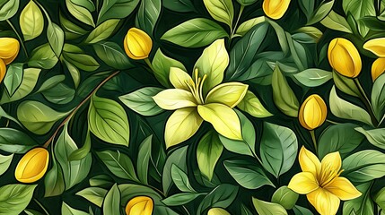 Vibrant Yellow Flowers and Lush Green Leaves: A Digital Painting Floral Pattern AI Generated