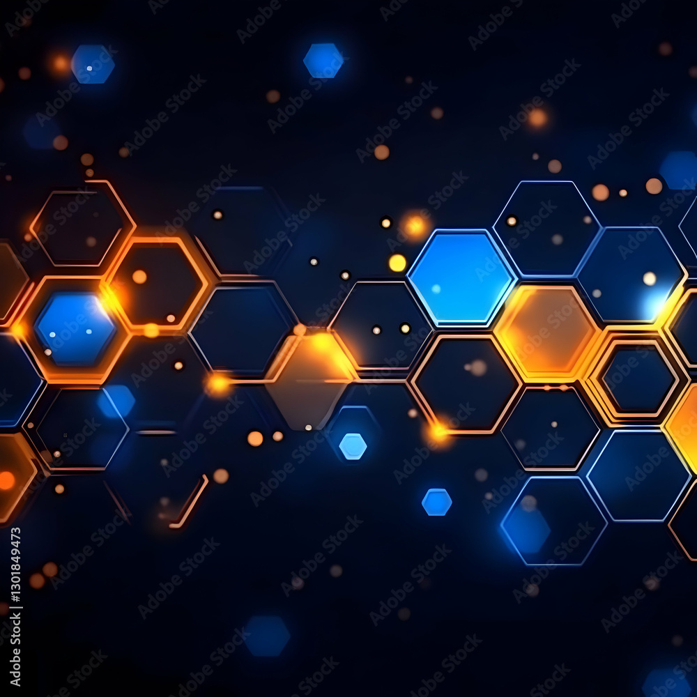 Poster abstract background - blue and orange hexagons with bokeh effect