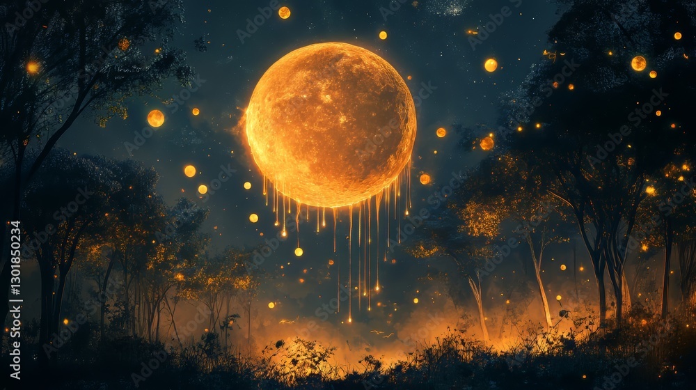 Wall mural a large orange moon with a stream of yellow paint dripping from it. the scene is set in a forest at 