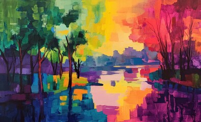 Obraz premium Vibrant colorful landscape painting of trees reflecting in a calm river at sunset.
