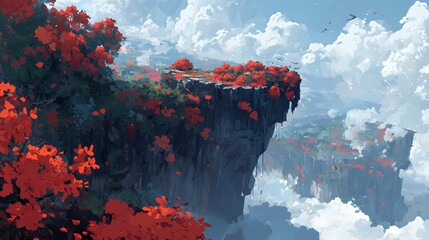 Red Trees on a High Cliff Above Floating Islands