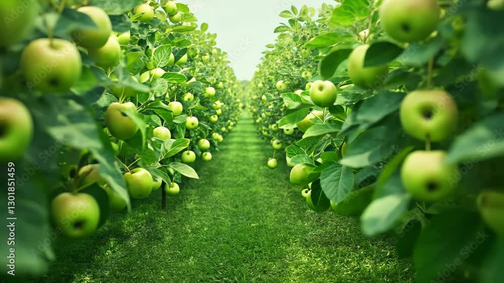 Poster lush green orchard with apple trees in a modulated canopy with fresh green apples and leaves under b