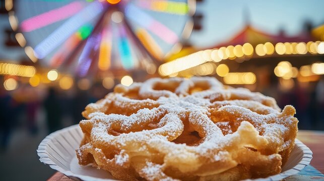 Golden, crispy funnel cake dusted with powdered sugar, with a vibrant carnival backdrop of lights and a Ferris wheel.